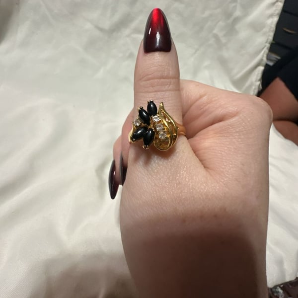Vintage 14k HGE Marquise Black Onyx Crystal Cluster Ring