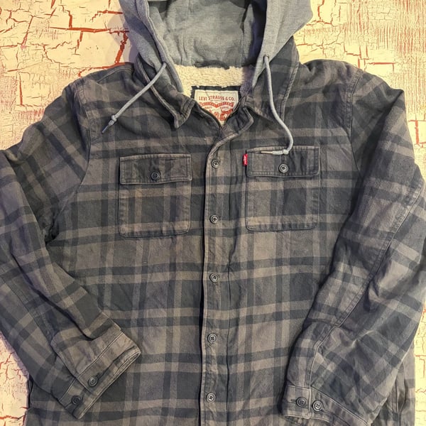 Levi's Hooded Plaid Flannel Shirt Jacket Size XL Sherpa Lined Gray