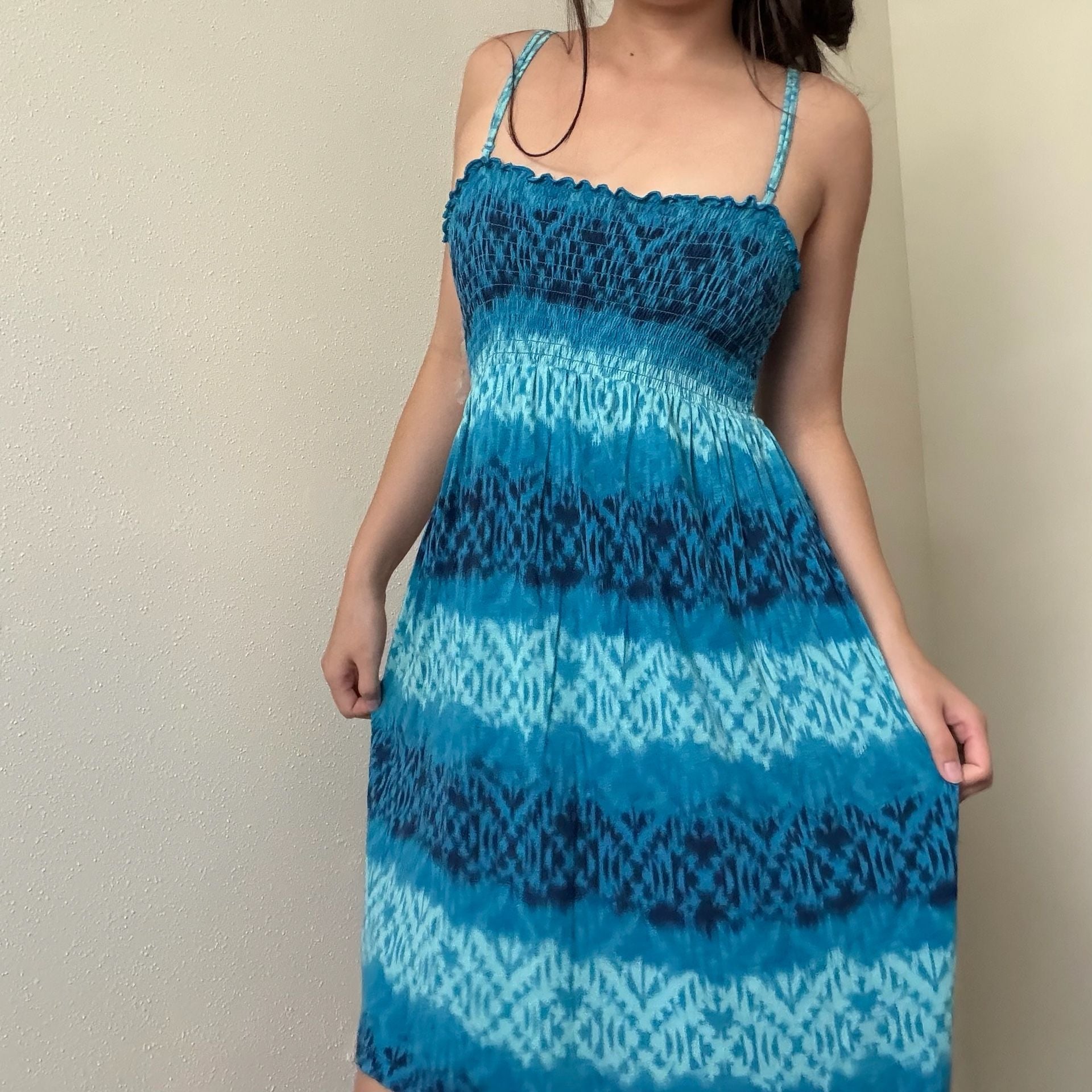 Mudd Blue Ikat Print Smocked Spaghetti Strap Dress Size L 2