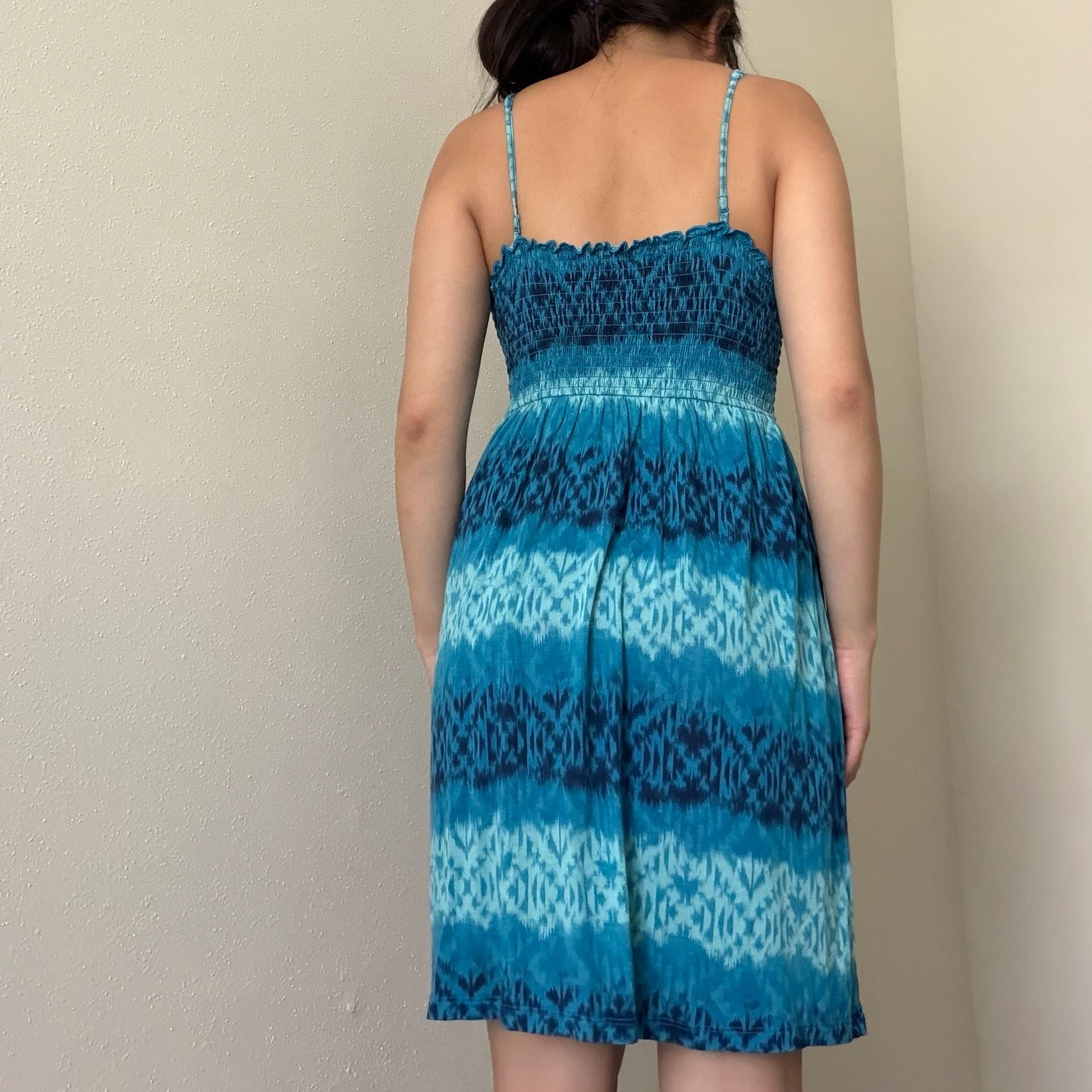 Mudd Blue Ikat Print Smocked Spaghetti Strap Dress Size L 3
