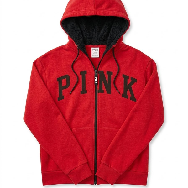 PINK Victoria's Secret Sherpa Lined Full Zip Hoodie Size M Red