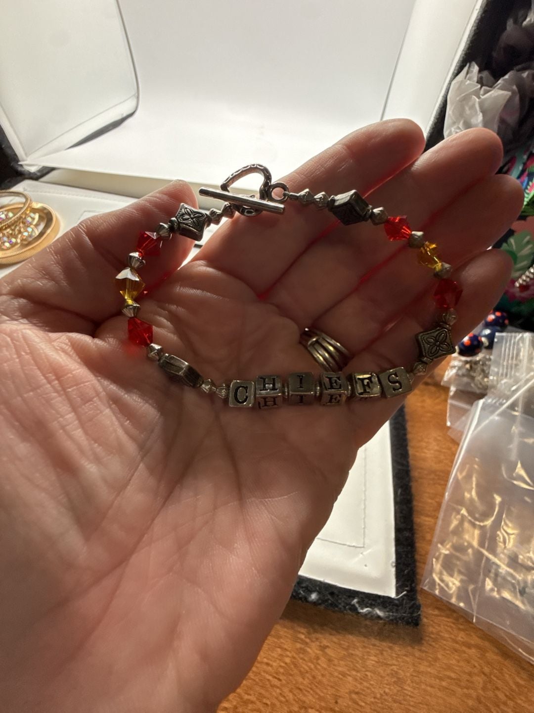 Kansas City Chiefs Beaded Crystal Toggle Bracelet Red Yellow Silver 2