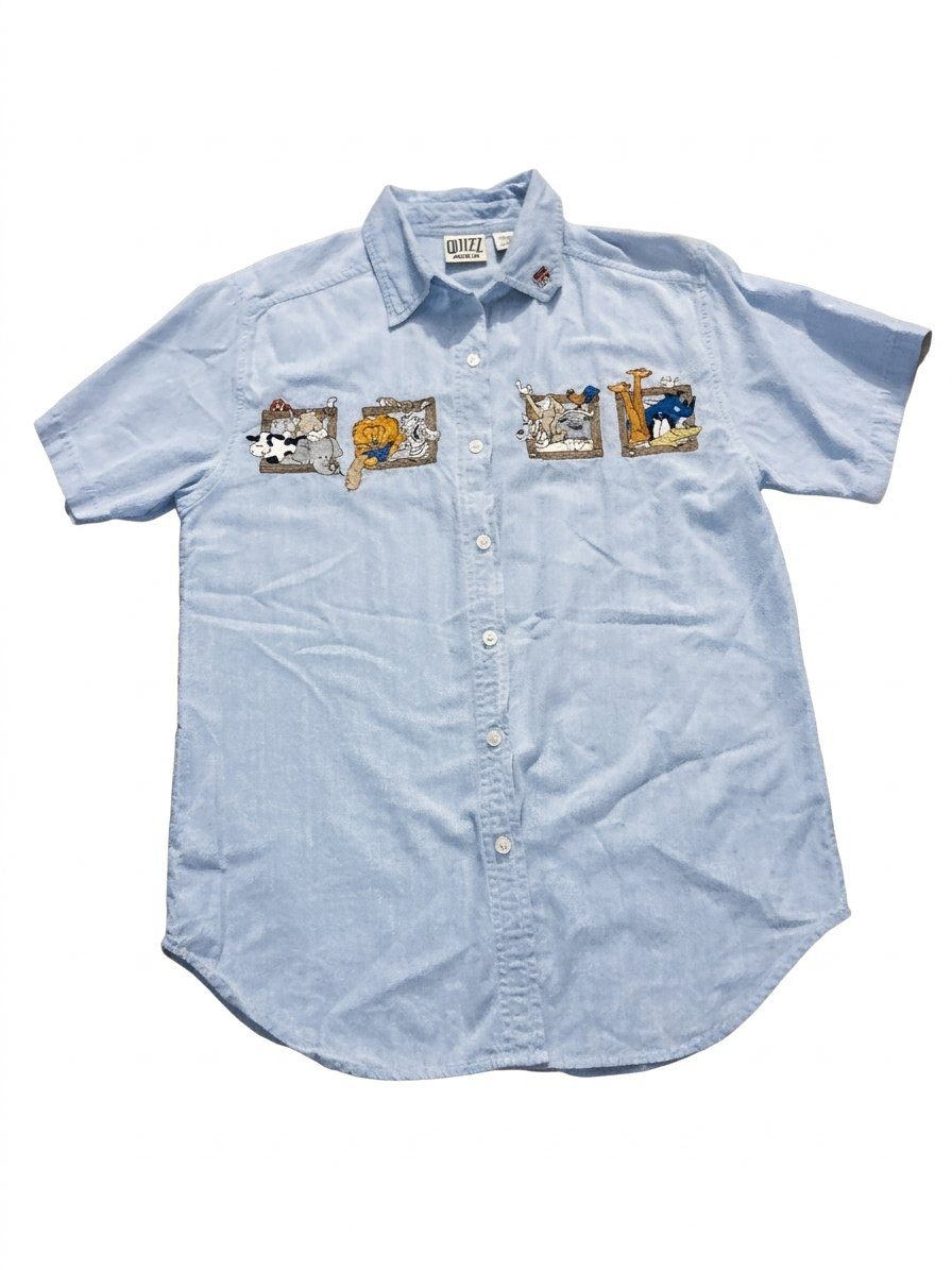 Quizz Again Short Sleeve Button-Down Shirt Size S Blue Embroidered Animals 2