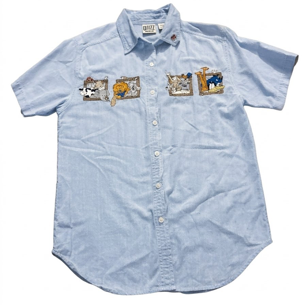 Quizz Again Short Sleeve Button-Down Shirt Size S Blue Embroidered Animals