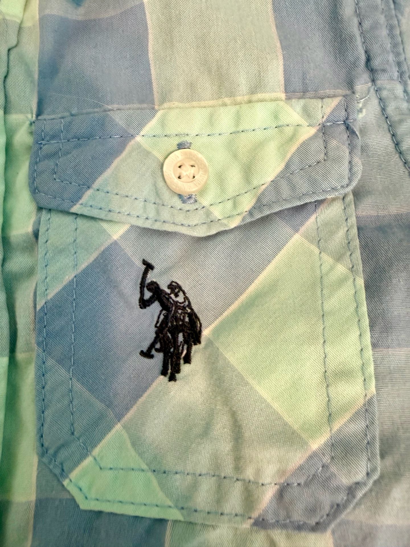U.S. Polo Assn. Short Sleeve Plaid Button Up Shirt Blue Green 3