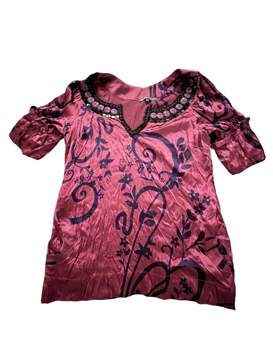 Kale Bob Silk Blouse Size M Pink Floral Beaded V-Neck Short Sleeve Top 2