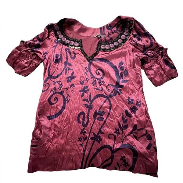 Kale Bob Silk Blouse Size M Pink Floral Beaded V-Neck Short Sleeve Top
