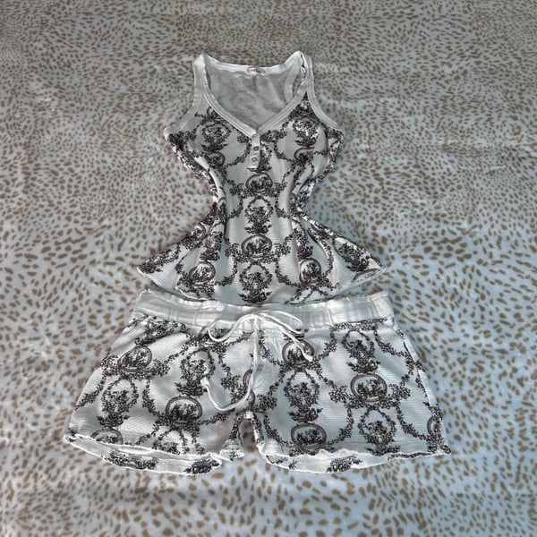 P.J. Salvage Pyjama Set Waffle Knit Floral Toile Size XL White Brown