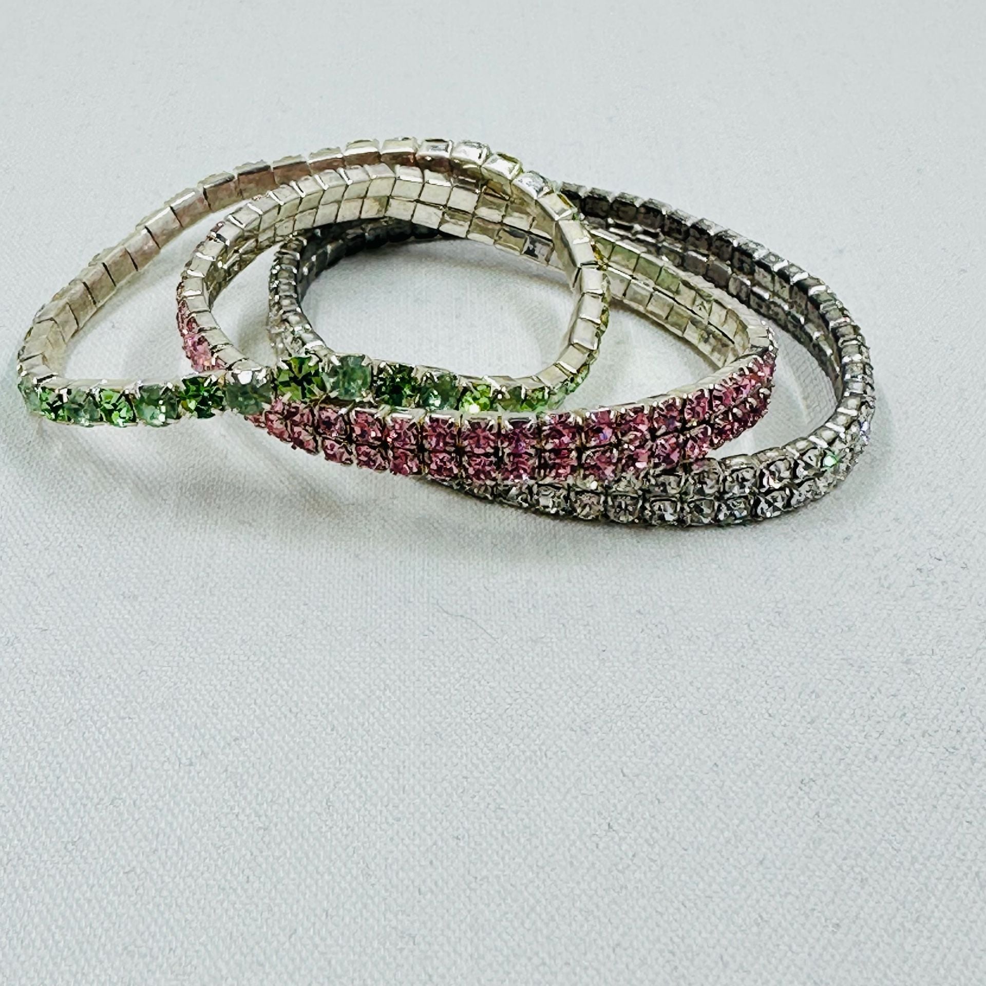 Rhinestone Stretch Bracelet Set 3 Piece Pink Green Clear 1