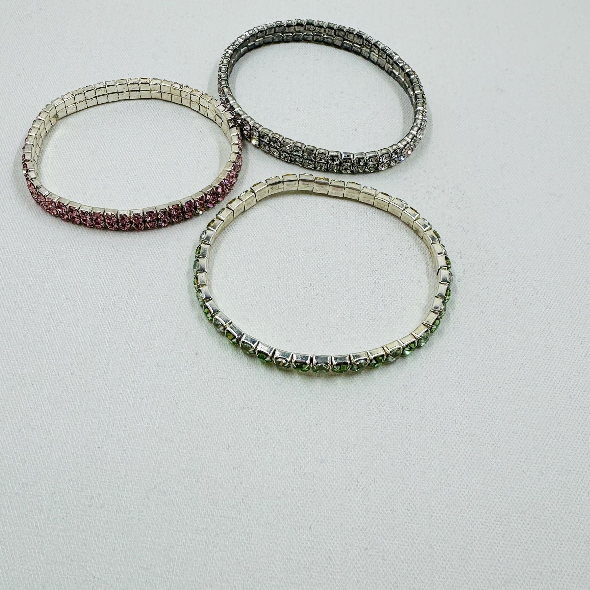 Rhinestone Stretch Bracelet Set 3 Piece Pink Green Clear 2