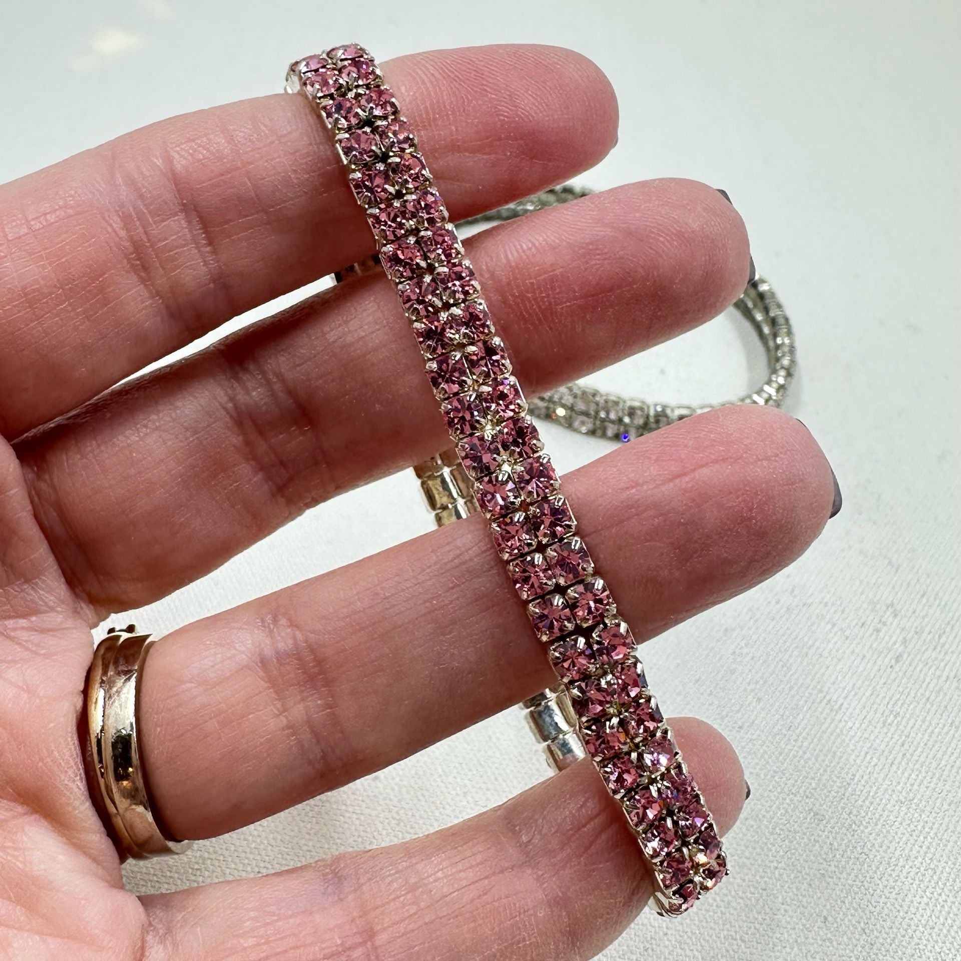 Rhinestone Stretch Bracelet Set 3 Piece Pink Green Clear 4