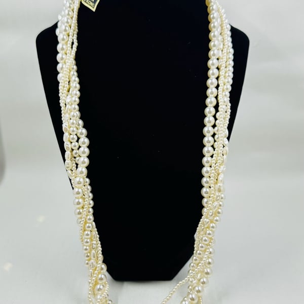 Vintage Multi Strand Faux Pearl Necklace Made in Hong Kong Graduated Beads