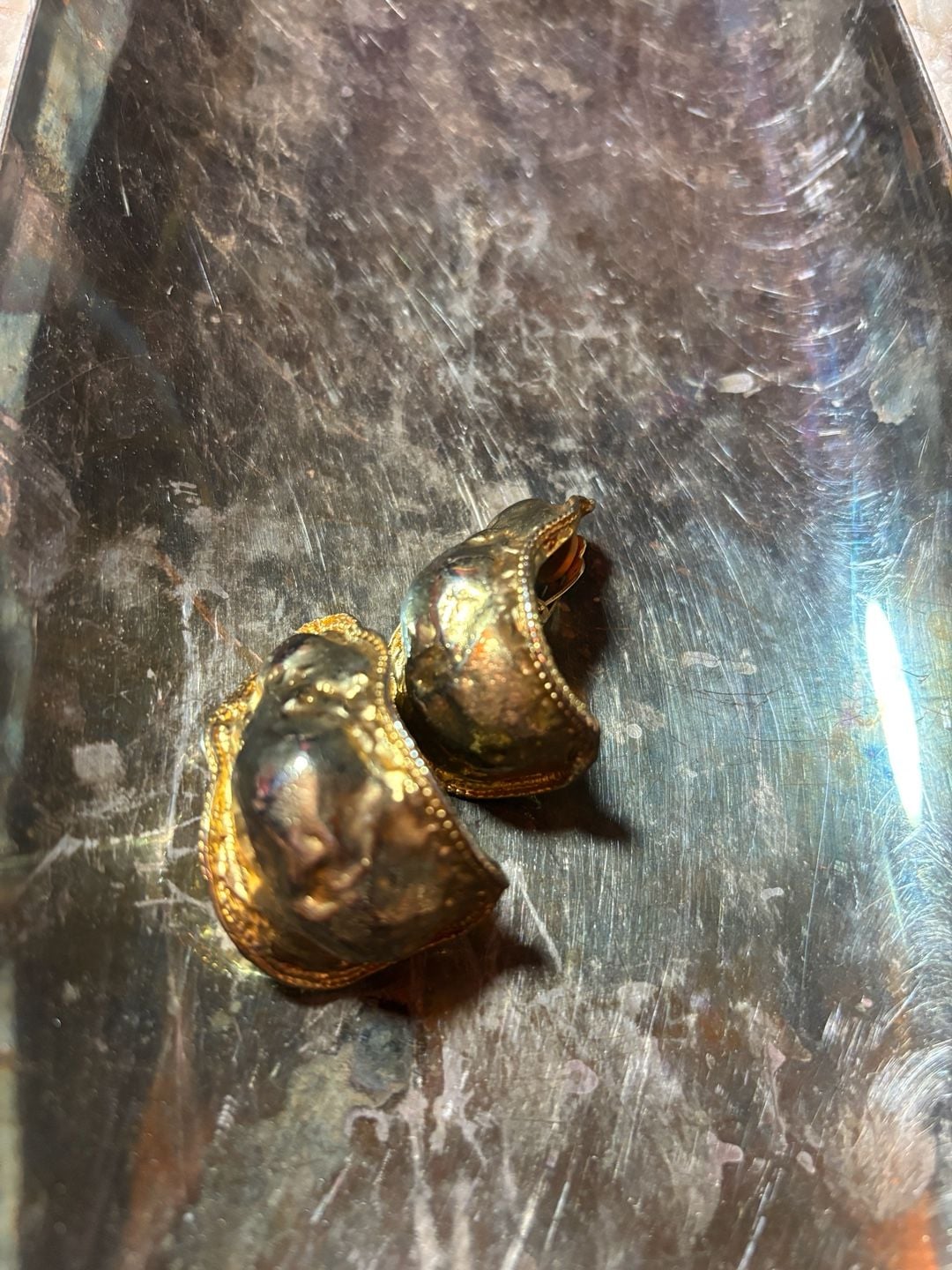 Vintage Gold Tone Textured Clip-On Earrings Chunky Statement 6