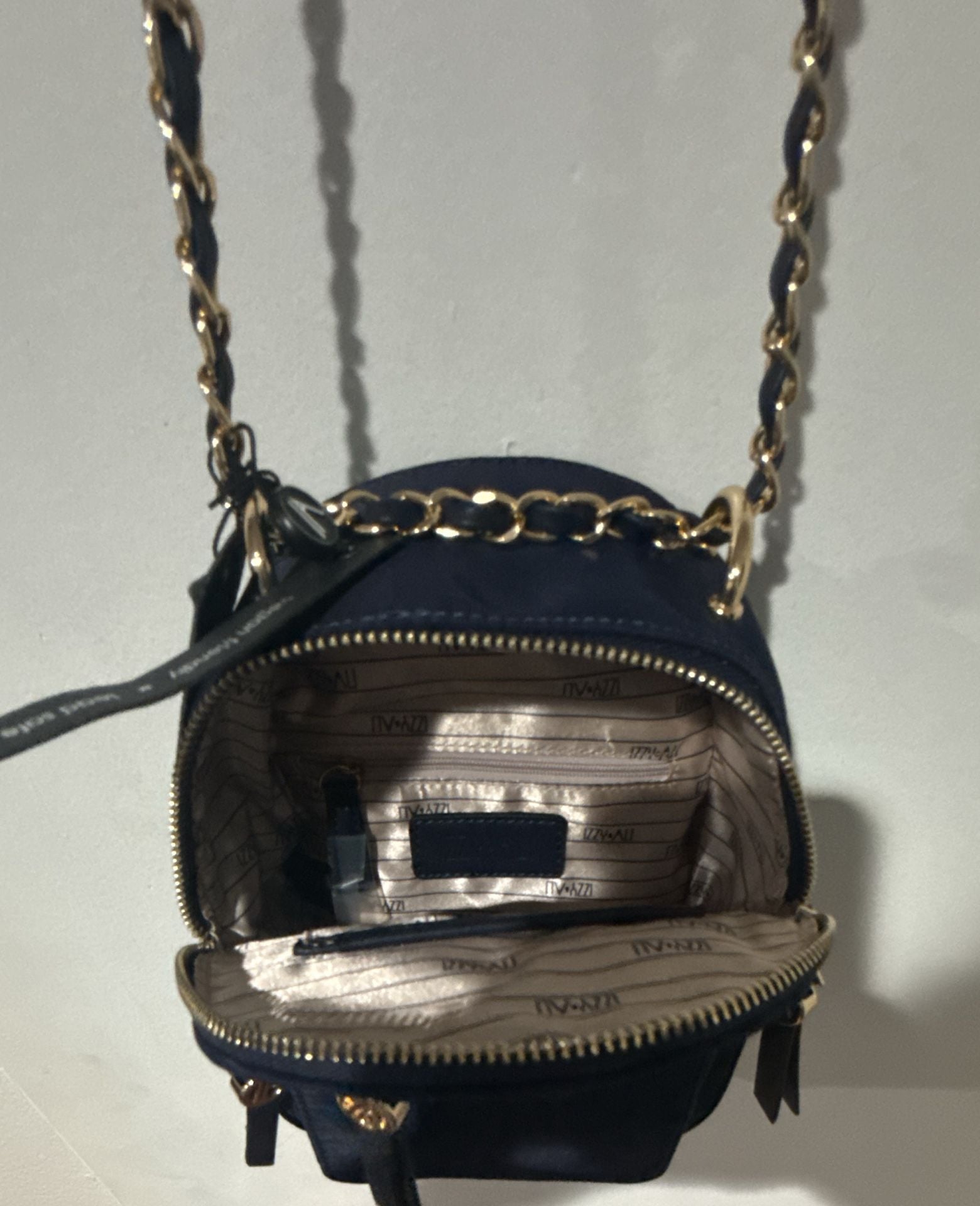 IZZY & ALI Mini Backpack Navy Nylon Chain Strap 6