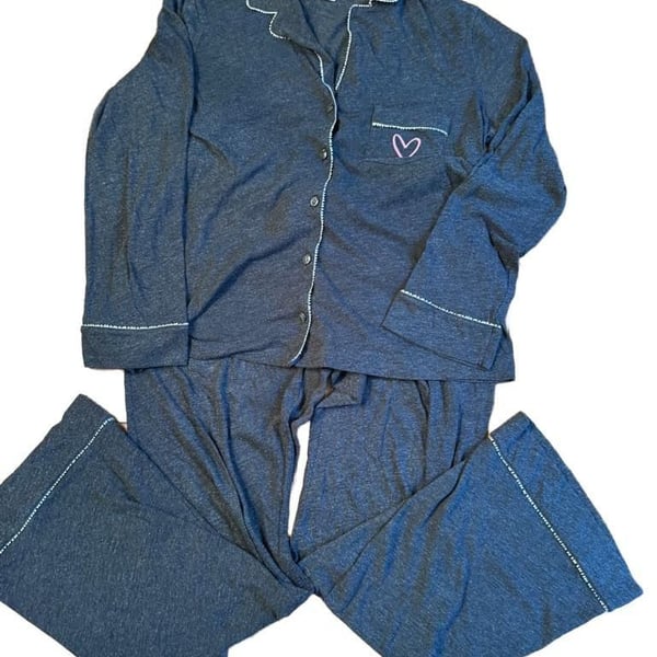 Victorias Secret Pajama Set  med Gray Heart Pocket Long Sleeve Pants h1514