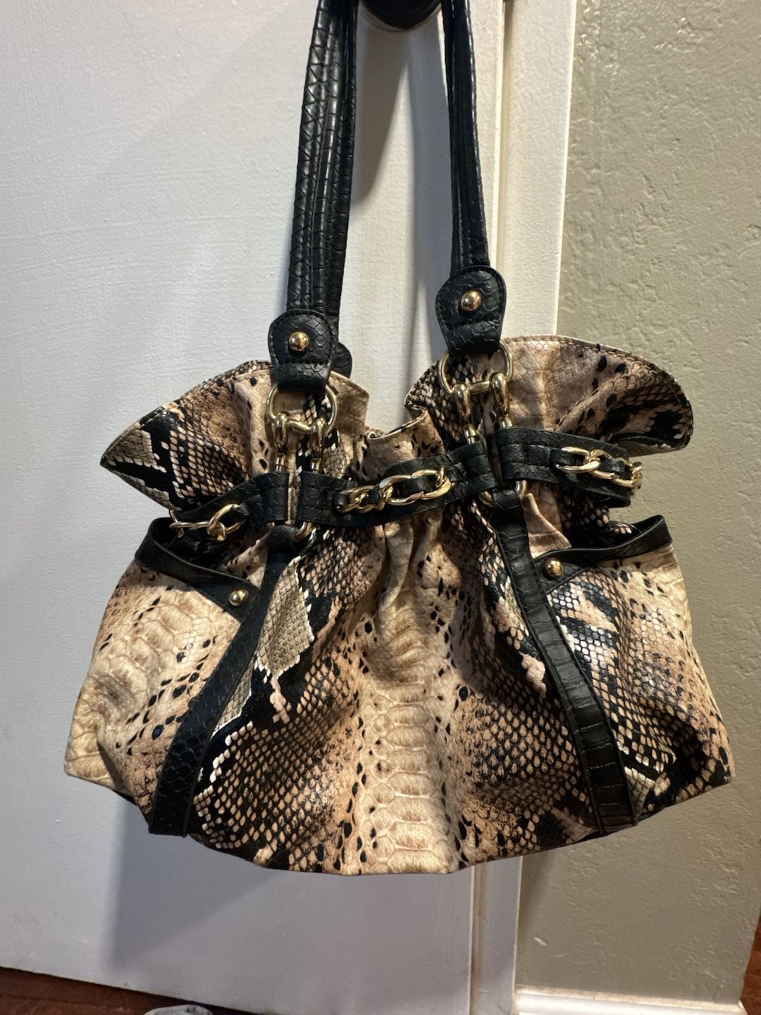 Wilsons Leather Snakeskin Hobo Bag with Gold Chain Detail 2