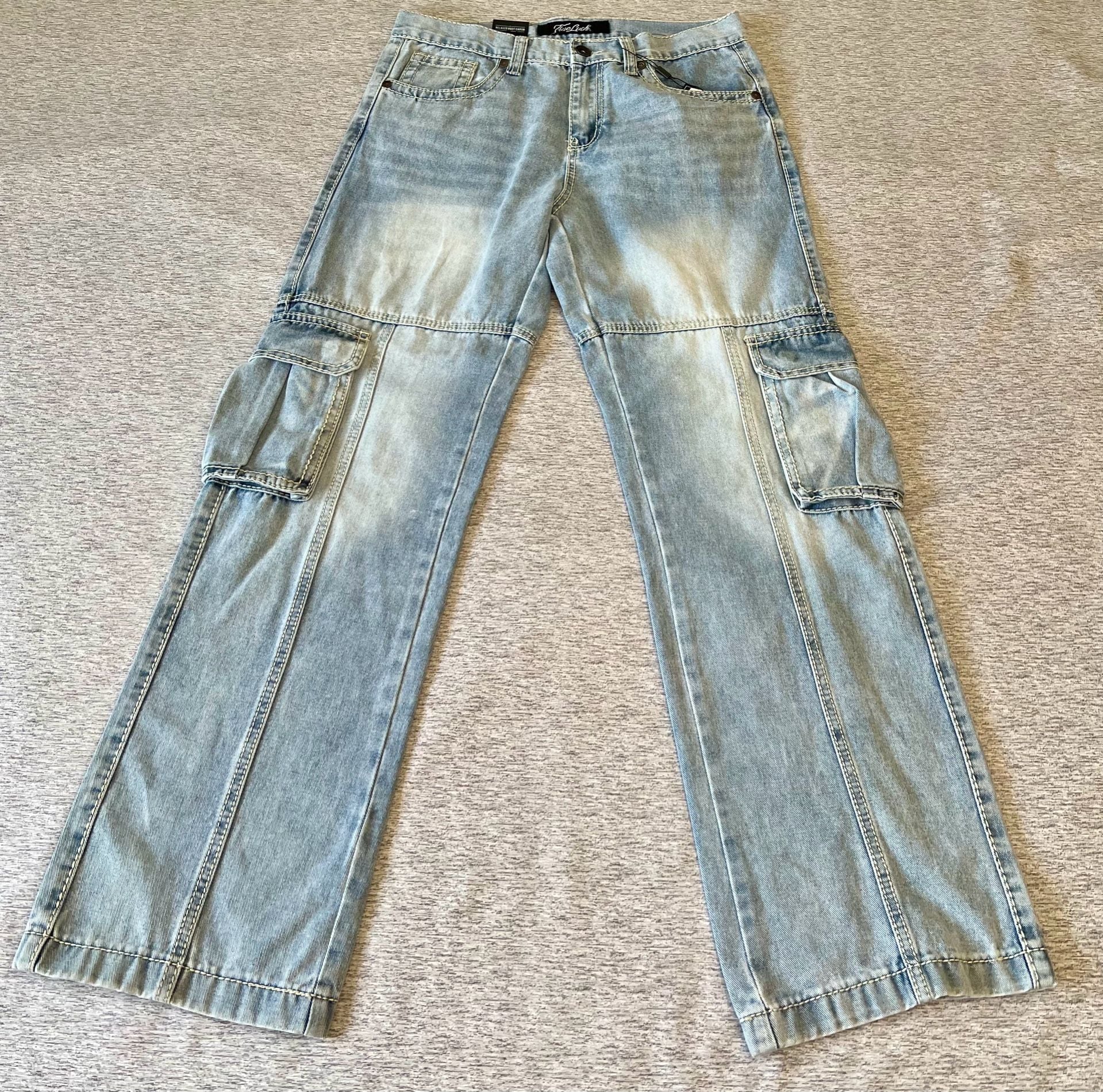 True Luck Men's Relaxed Bootcut Cargo Jeans W32 L32 Light Wash New 3