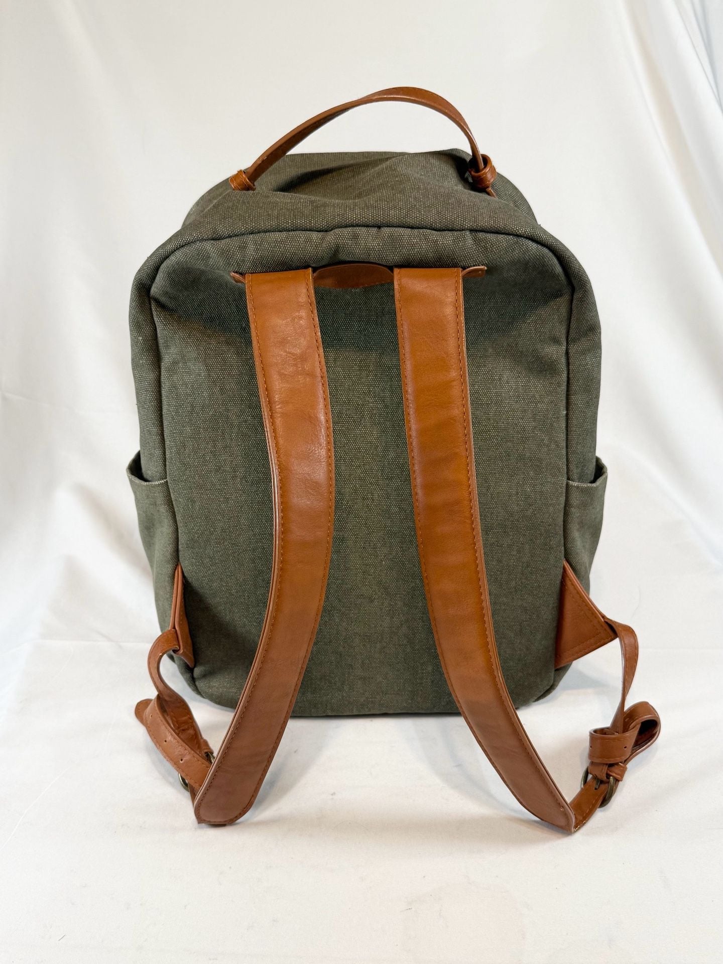Universal Thread Canvas Backpack Green Brown Leather Trim Preppy Old Money Ivy League Quiet Luxury Utility Minimalist 5