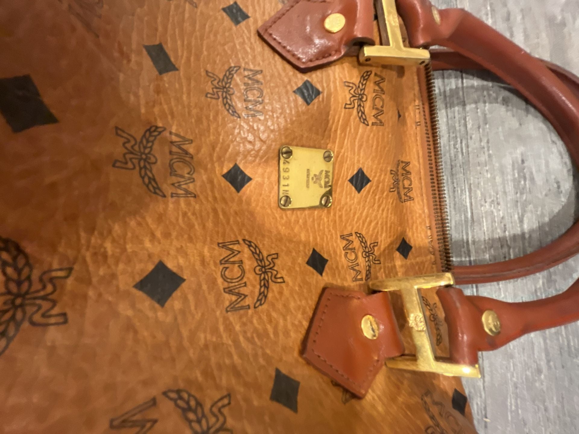 MCM Visetos Monogram Cognac Brown Boston Satchel Handbag 9