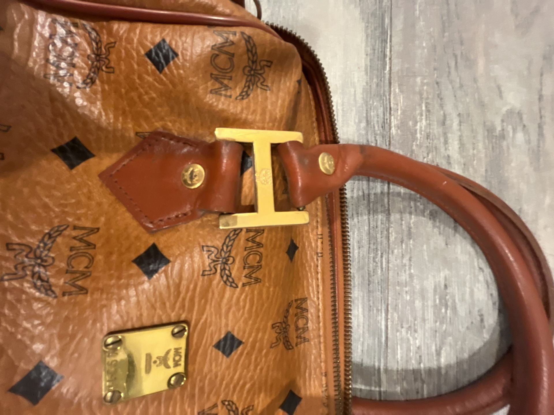 MCM Visetos Monogram Cognac Brown Boston Satchel Handbag 10