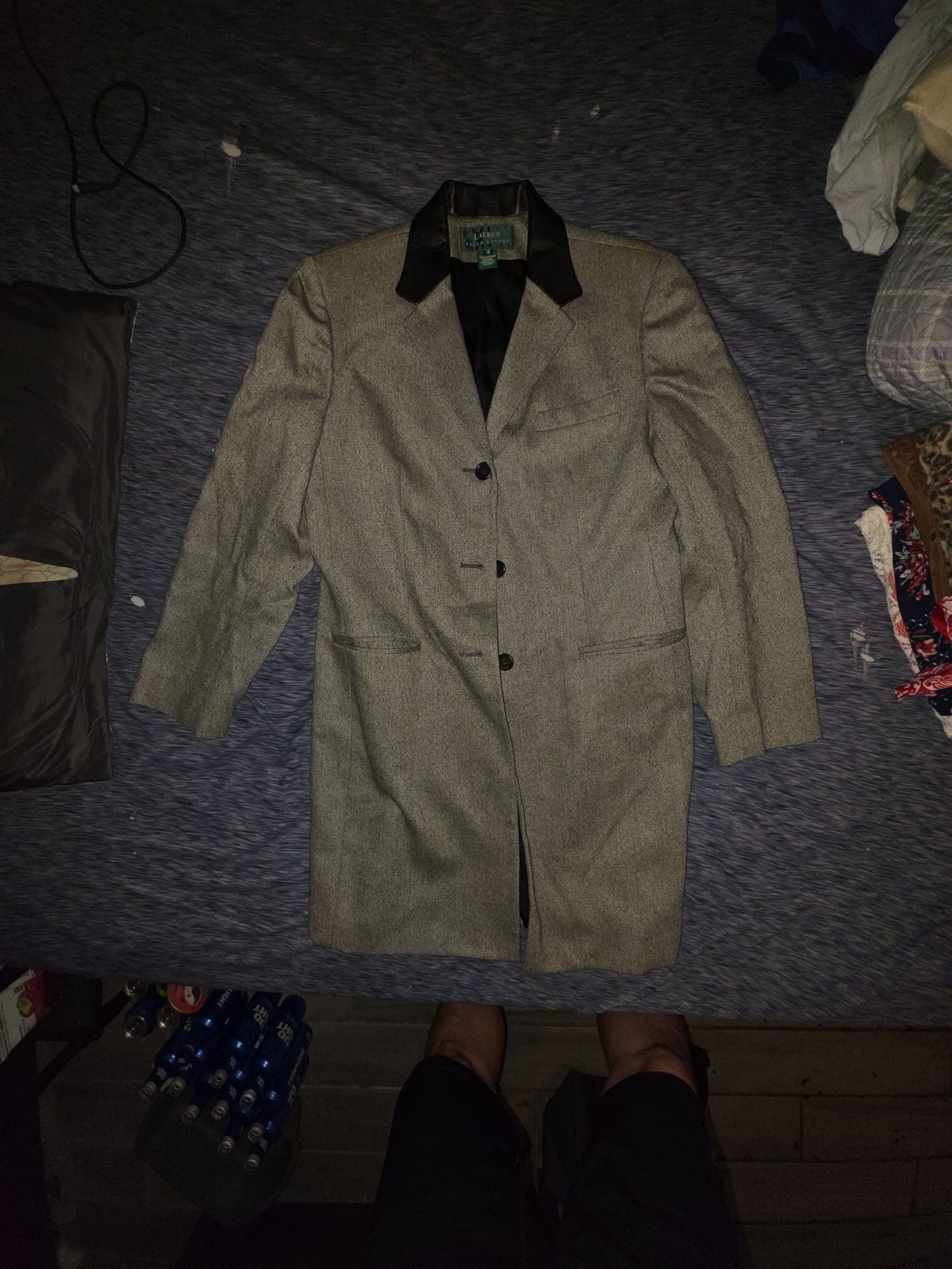 Lauren Ralph Lauren Wool Tweed Leather Collar Coat Size 12 2