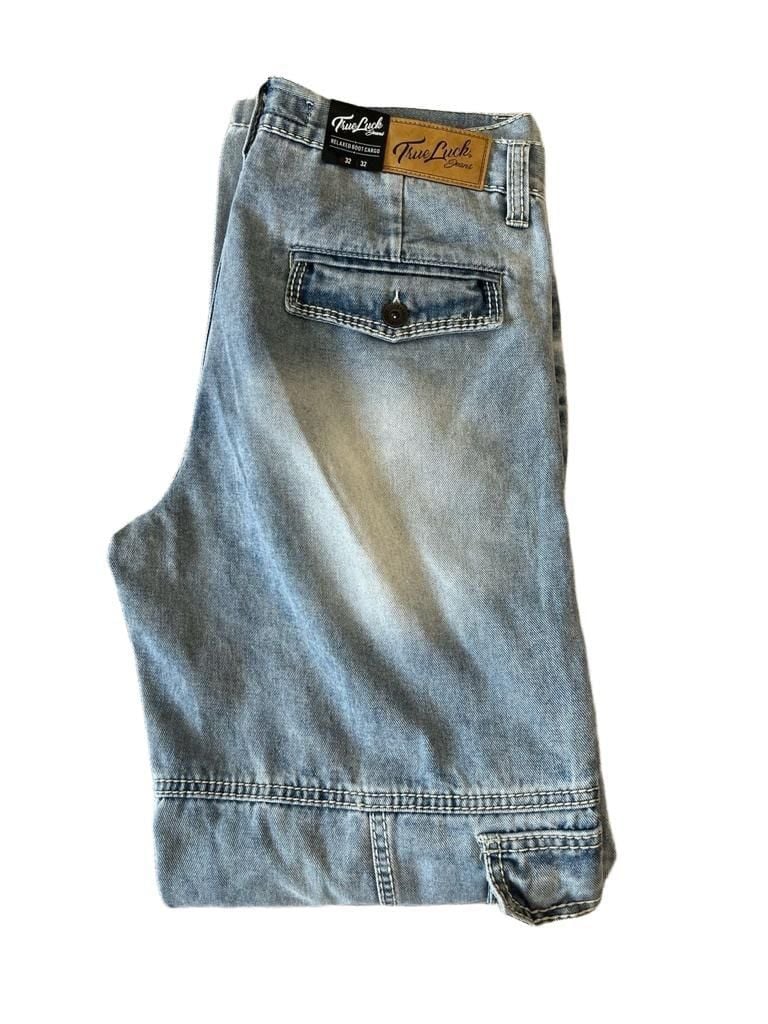 True Luck Men's Relaxed Bootcut Cargo Jeans W32 L32 Light Wash New 2