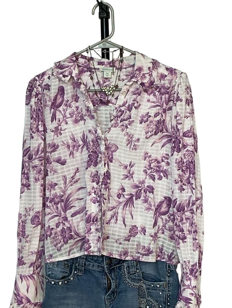 Sundance Purple and White Floral Toile Bird Long Sleeve Button Down Blouse PXS 3