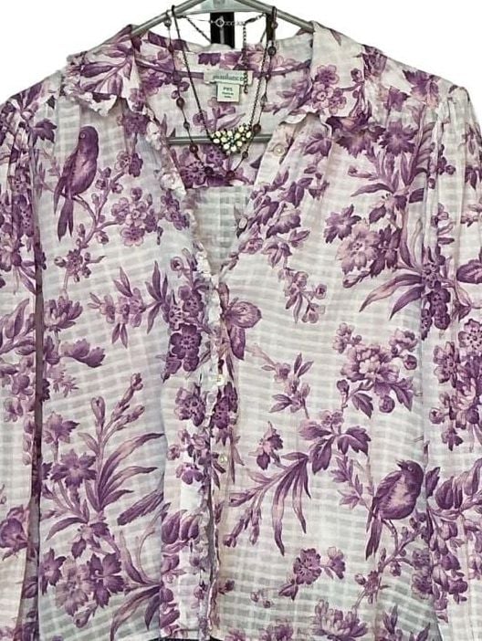 Sundance Purple and White Floral Toile Bird Long Sleeve Button Down Blouse PXS 4