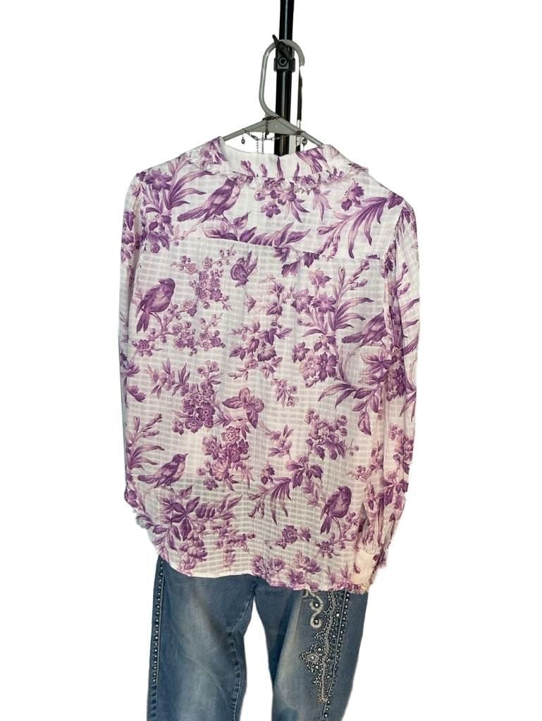 Sundance Purple and White Floral Toile Bird Long Sleeve Button Down Blouse PXS 7