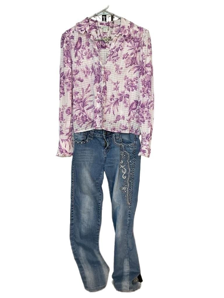 Sundance Purple and White Floral Toile Bird Long Sleeve Button Down Blouse PXS 2