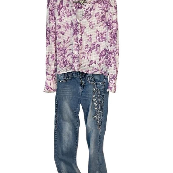 Sundance Purple and White Floral Toile Bird Long Sleeve Button Down Blouse PXS