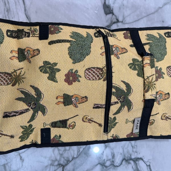 Vintage Jade Hawaiian Tiki Hula Tapestry Folding Rolling Tote Shopping Cart Bag