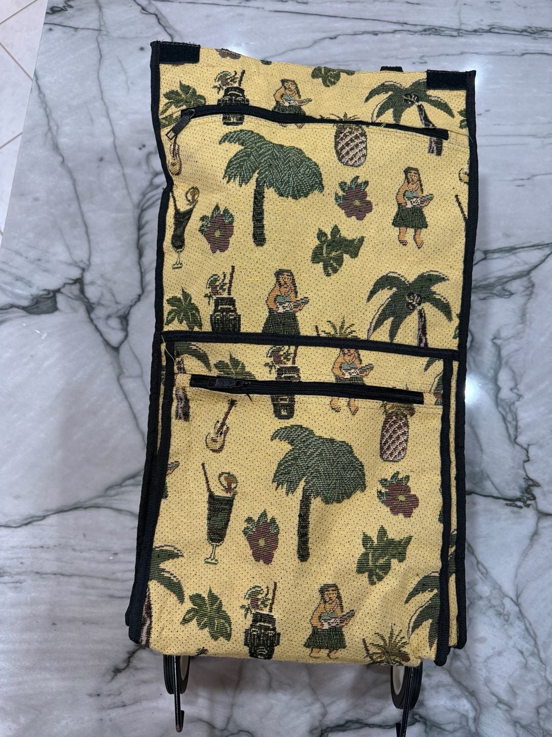 Vintage Jade Hawaiian Tiki Hula Tapestry Folding Rolling Tote Shopping Cart Bag 2