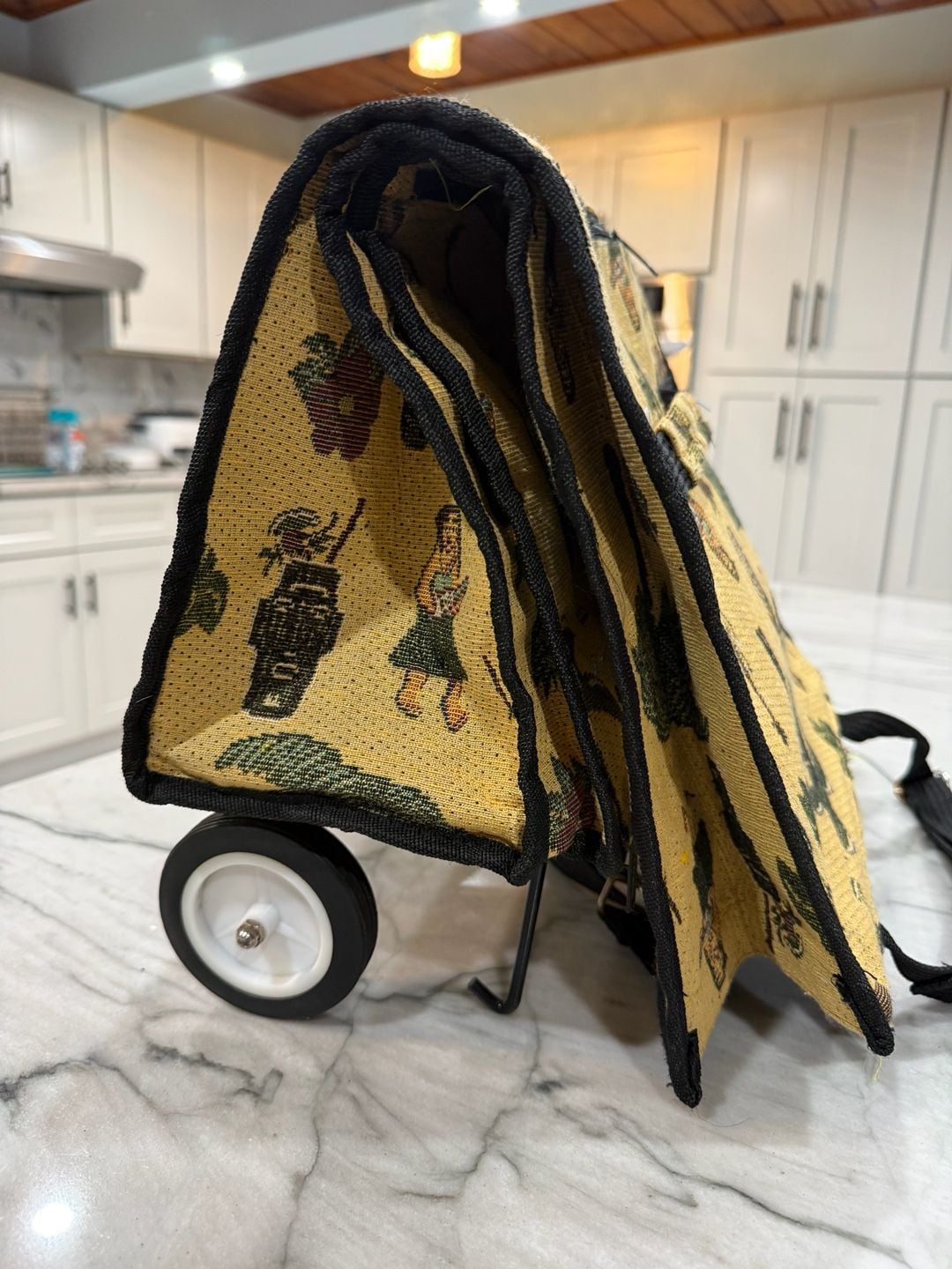 Vintage Jade Hawaiian Tiki Hula Tapestry Folding Rolling Tote Shopping Cart Bag 5