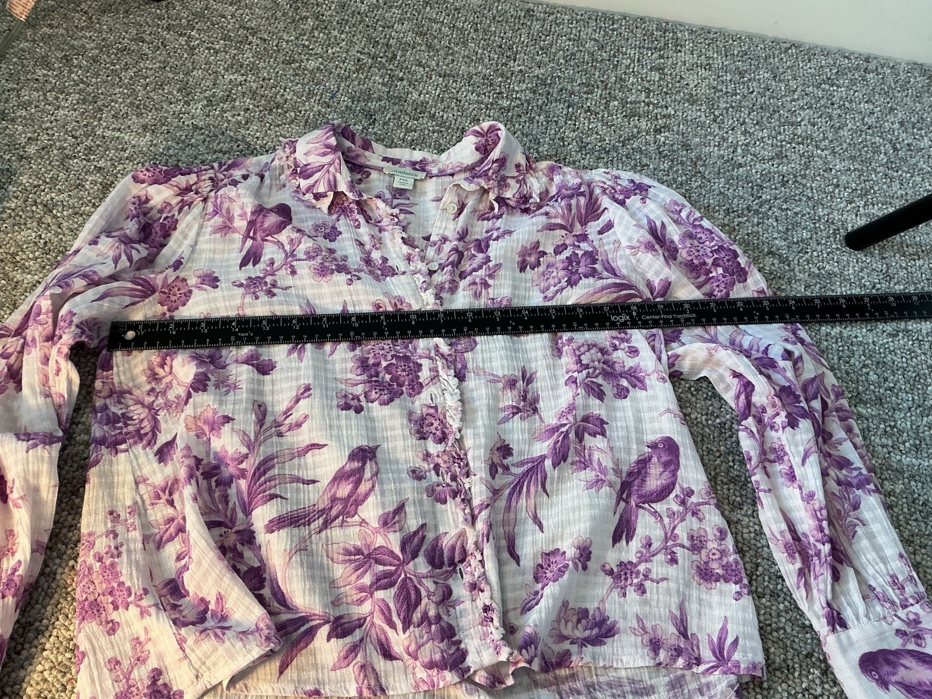 Sundance Purple and White Floral Toile Bird Long Sleeve Button Down Blouse PXS 9