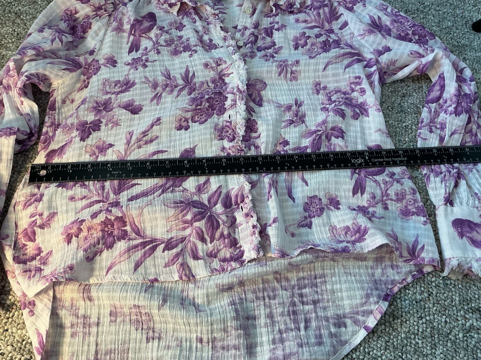 Sundance Purple and White Floral Toile Bird Long Sleeve Button Down Blouse PXS 10