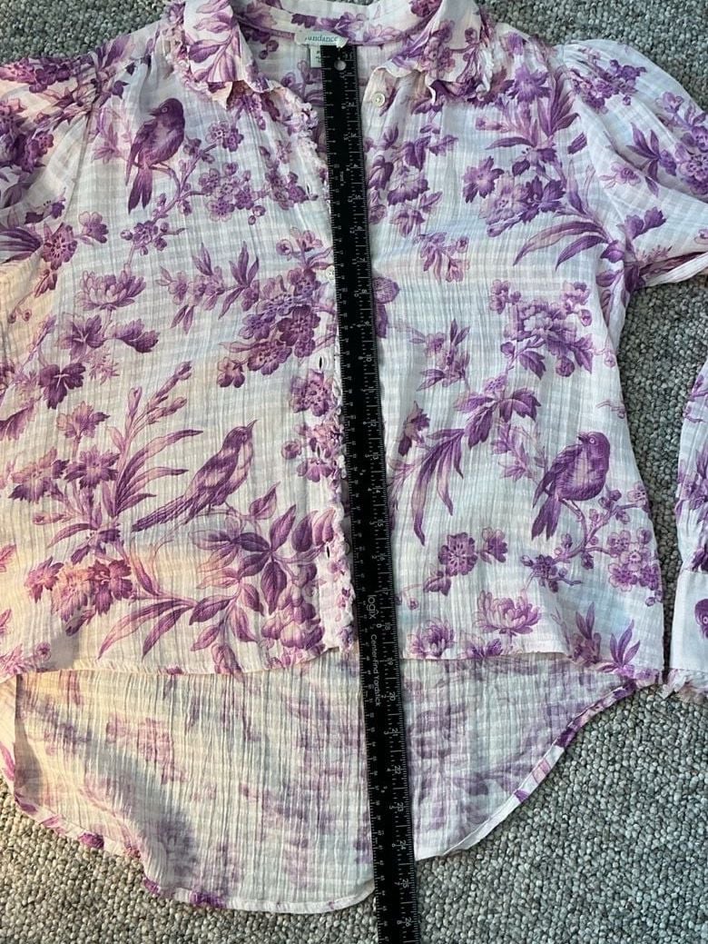 Sundance Purple and White Floral Toile Bird Long Sleeve Button Down Blouse PXS 12