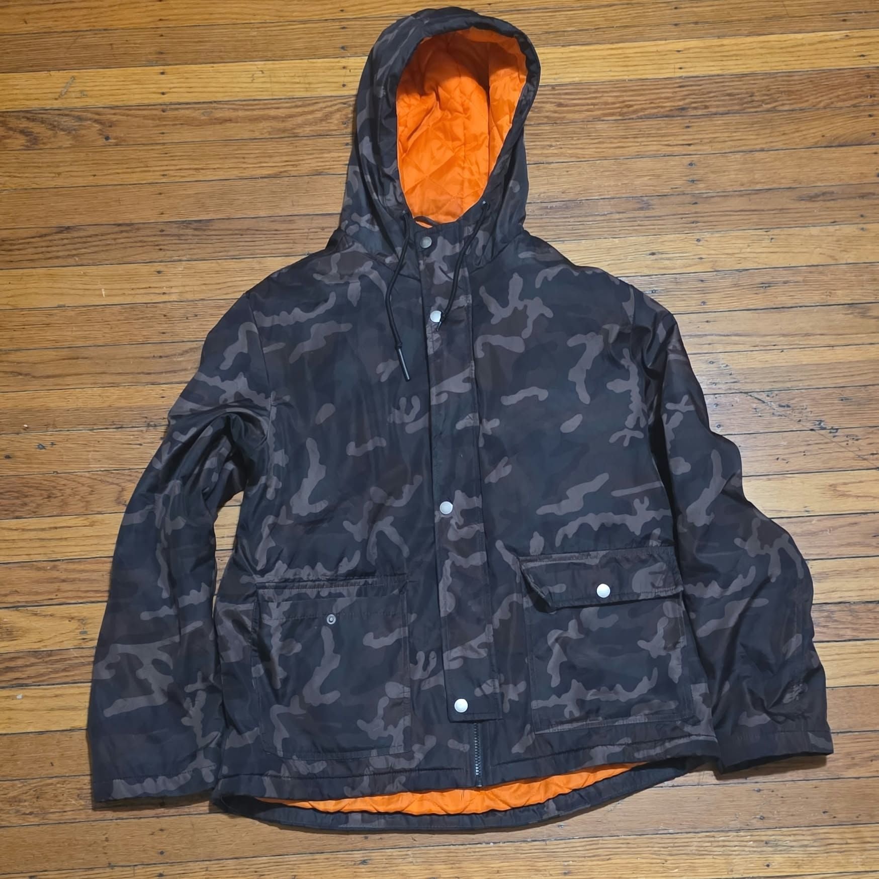 Fashion Nova Men Camouflage Hooded Jacket Size L Quilted Orange Lining 2