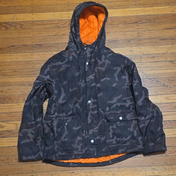 Fashion Nova Men Camouflage Hooded Jacket Size L Quilted Orange Lining