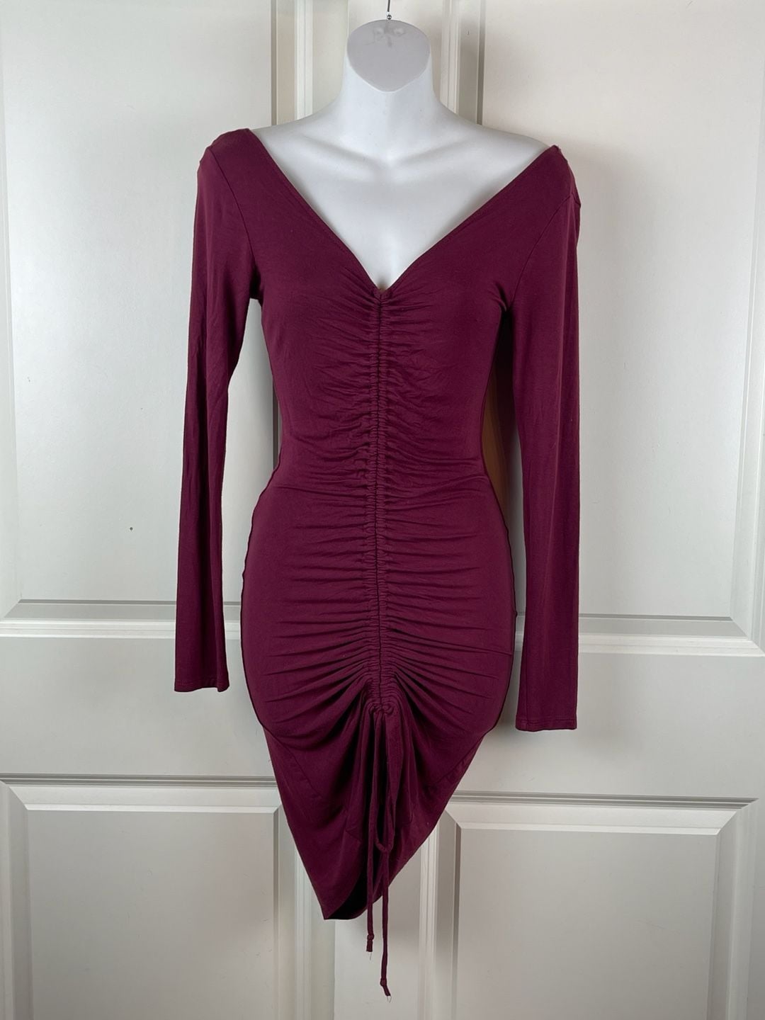 Fashion Nova Hong Kong Ruched Dress Size S Wine Burgundy Long Sleeve 3