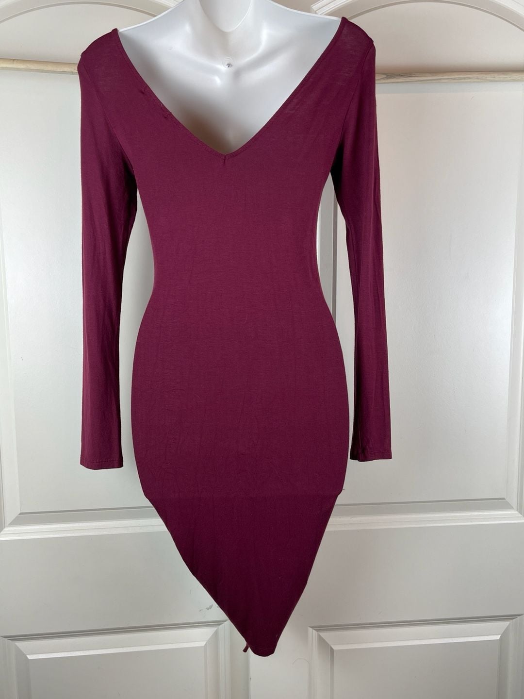 Fashion Nova Hong Kong Ruched Dress Size S Wine Burgundy Long Sleeve 4