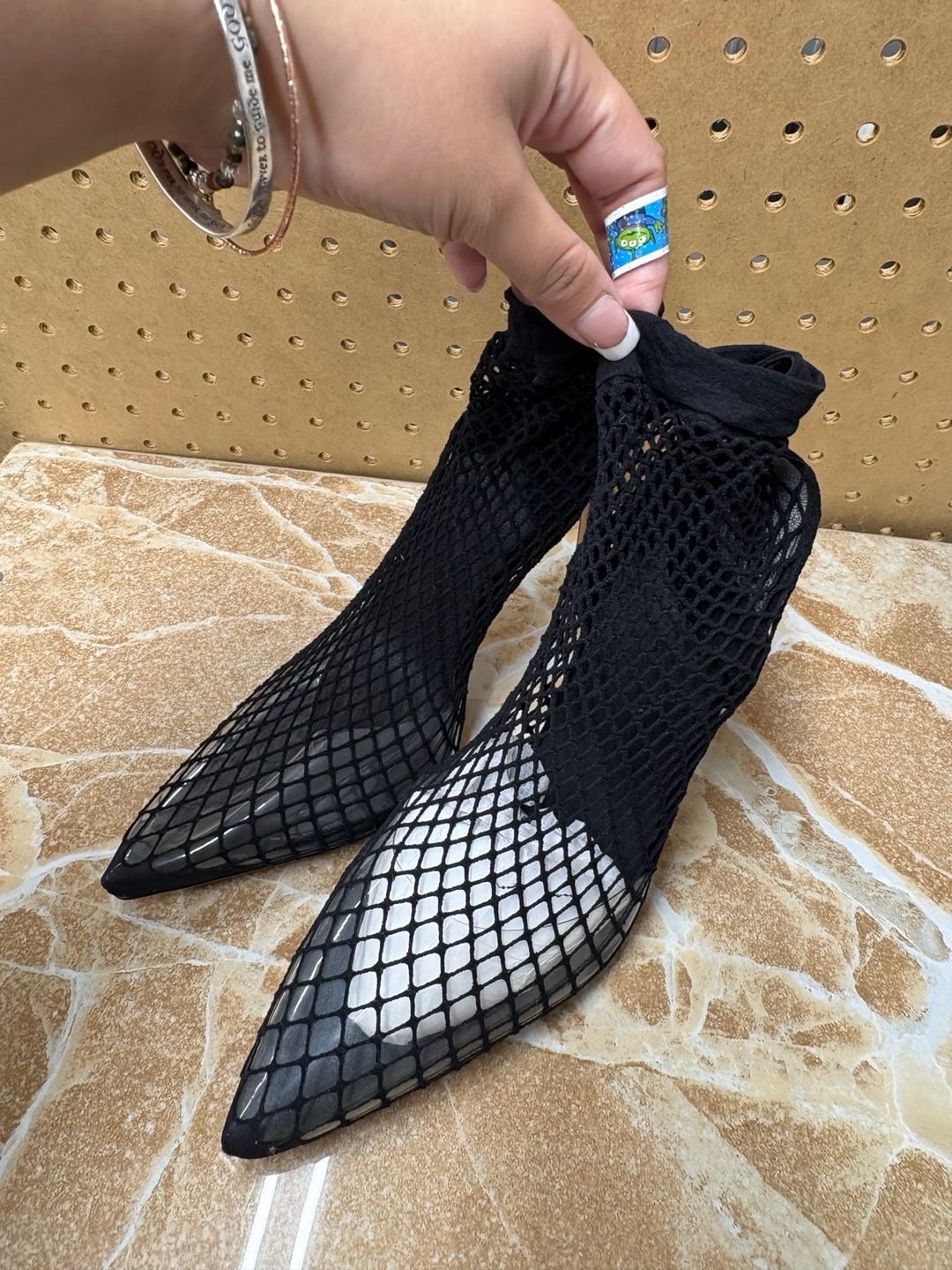 Black Fishnet High Heels Size 37 Stiletto Pointed Toe Booties 4