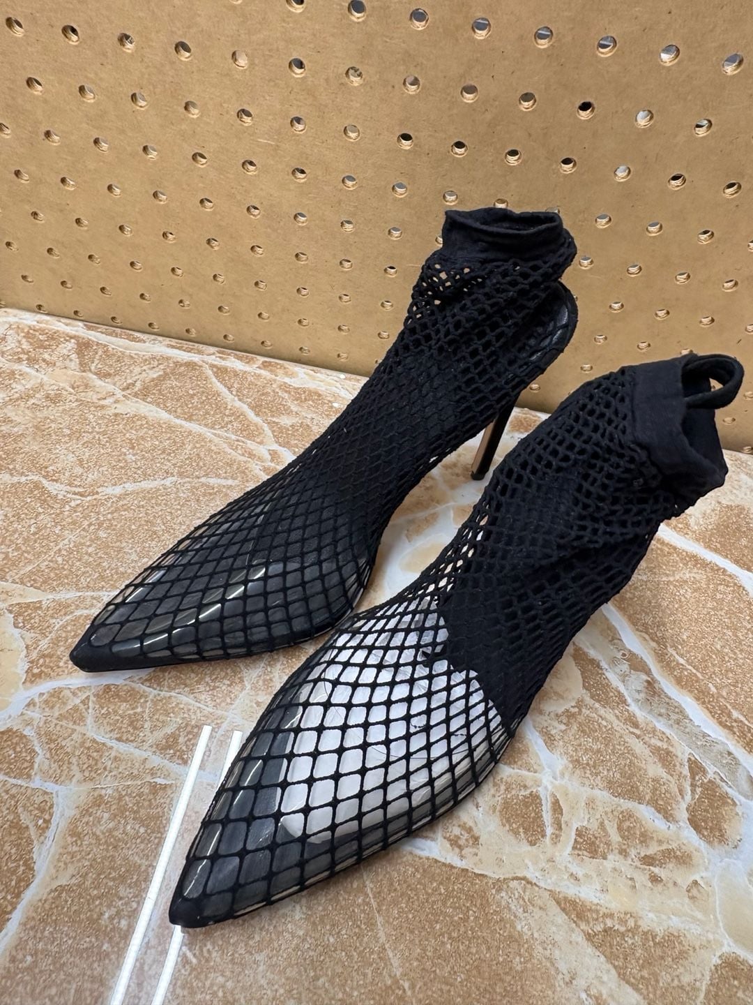 Black Fishnet High Heels Size 37 Stiletto Pointed Toe Booties 5