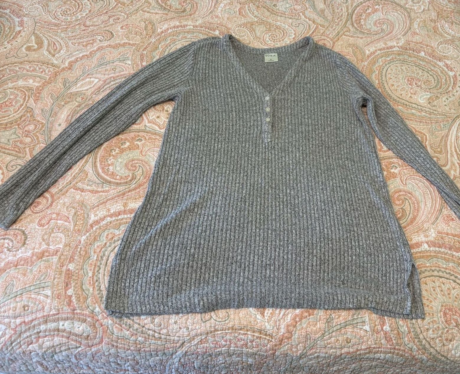 EUC SOMA Grey Ribbed Long Sleeve Henley pullover Loungewear Set Top & Pants, S 2