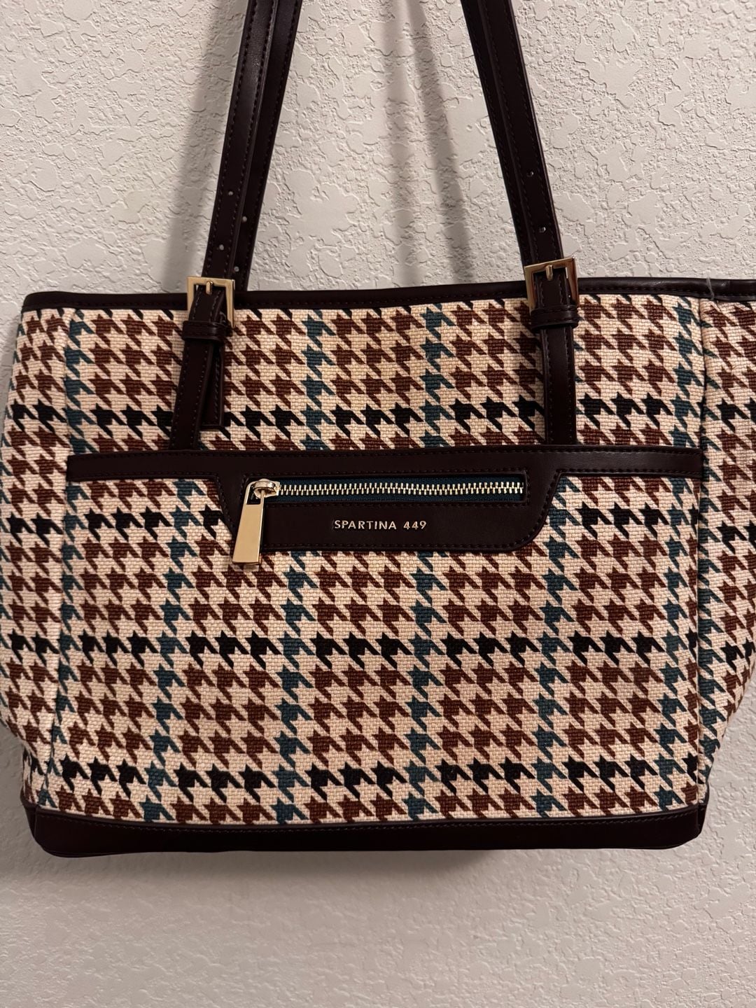Spartina 449 Houndstooth Tote Bag Brown Leather Shoulder Purse 2