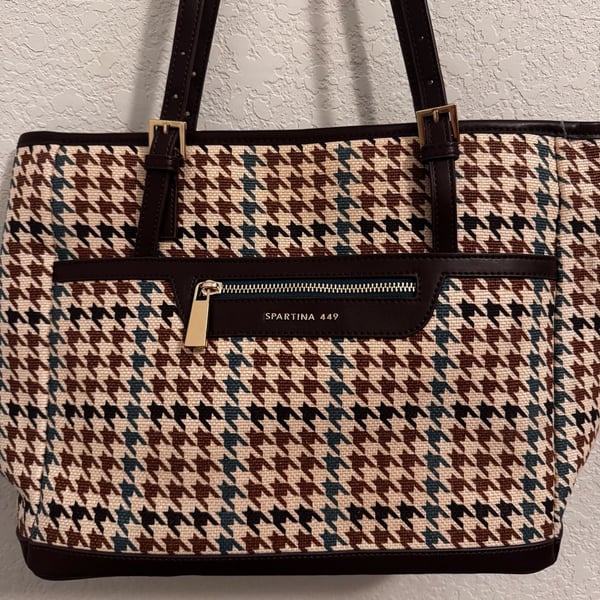 Spartina 449 Houndstooth Tote Bag Brown Leather Shoulder Purse