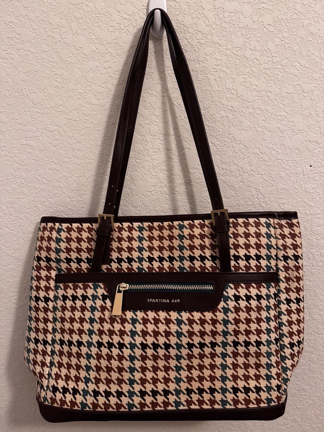 Spartina 449 Houndstooth Tote Bag Brown Leather Shoulder Purse 3