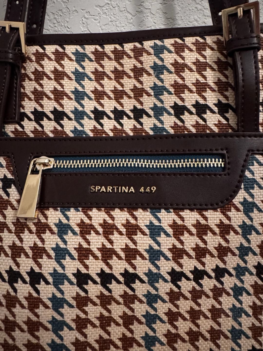 Spartina 449 Houndstooth Tote Bag Brown Leather Shoulder Purse 4