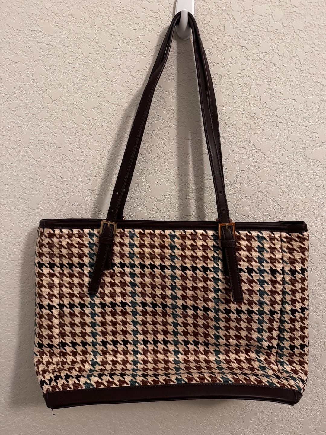 Spartina 449 Houndstooth Tote Bag Brown Leather Shoulder Purse 7