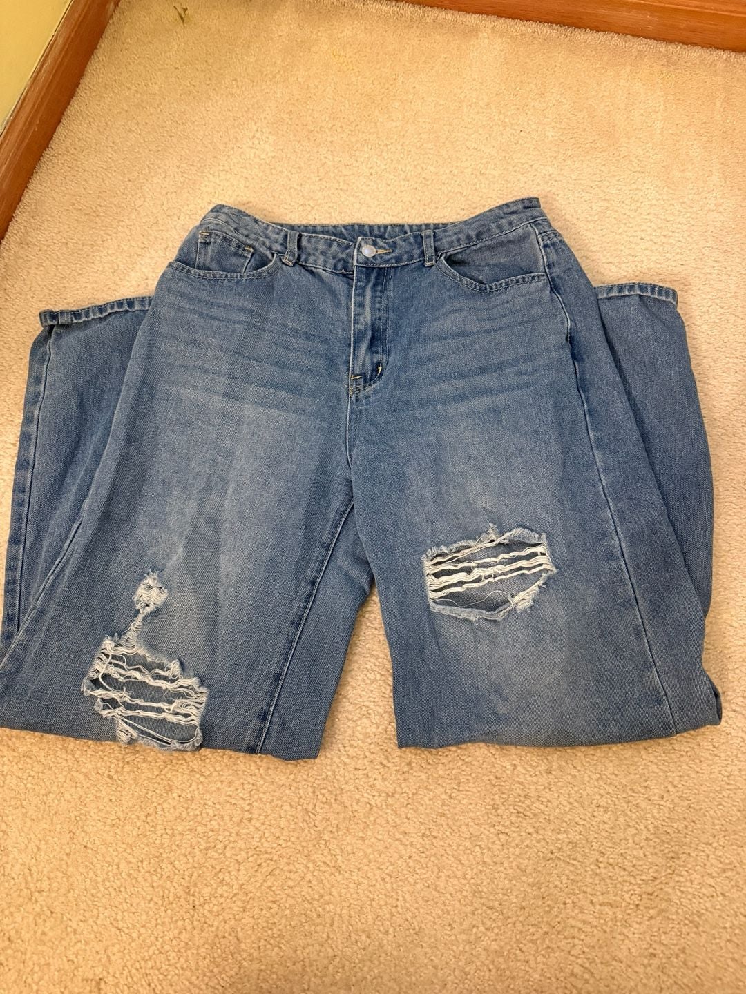 SHEIN Wide Leg Jeans Size 8/10 Blue Ripped Distressed Denim 1